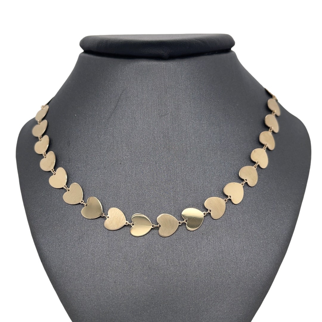 14K Solid Gold Heart Link Chain, Satin, High Polished, Yellow Gold