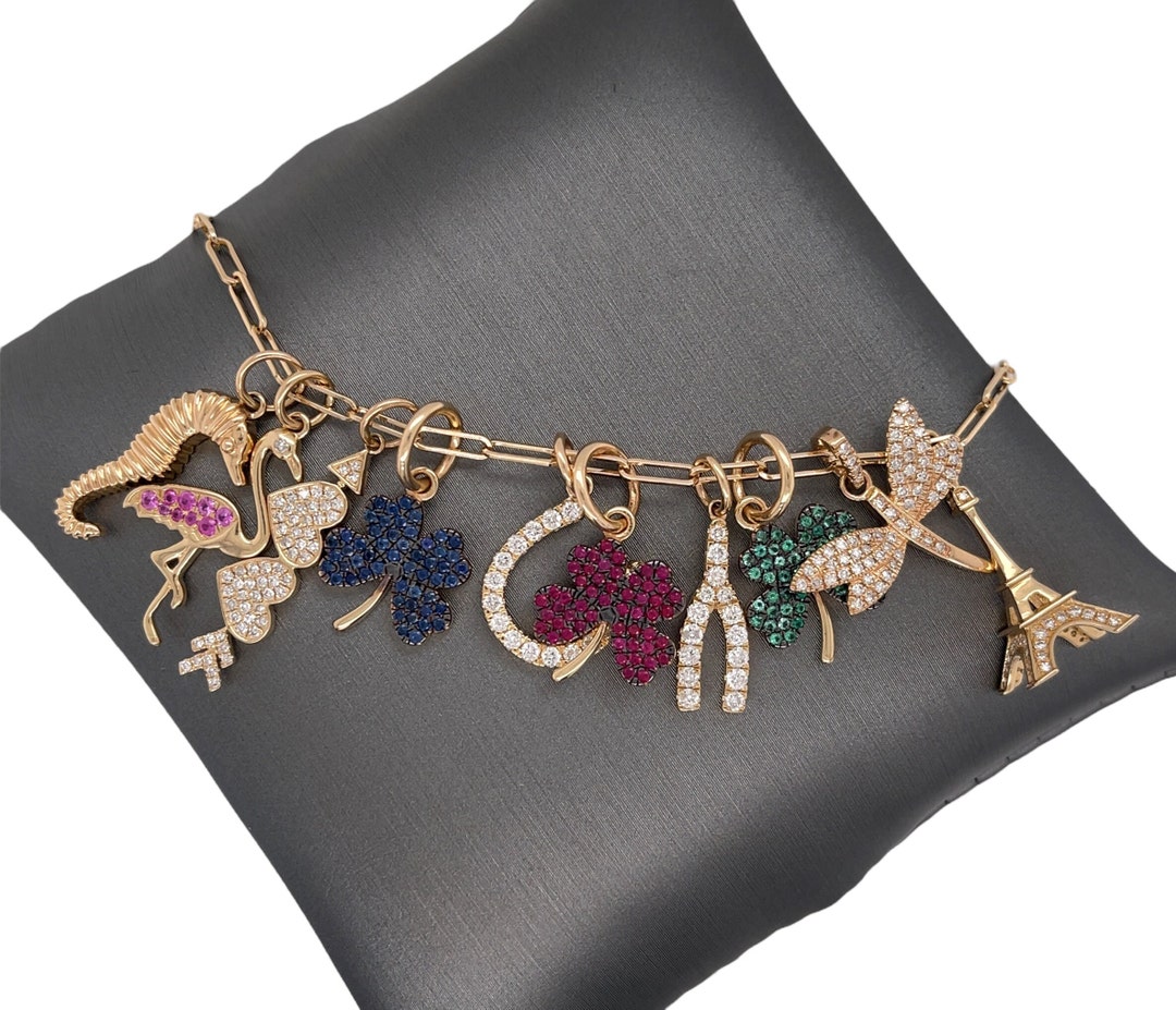 14K Solid Italian Yellow Gold Mini Charm, Diamond Charm, Sapphire, Ruby