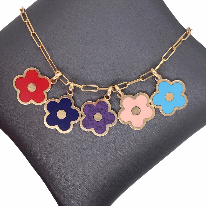 inlay cherry blossom 14K Solid Gold cute flower charm pendants small gemstone coral malachite amethyst turquoise