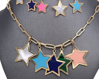 14K Yellow Gold Inlay Star Charm, Mother of Pearl, Malachite, Turquoise, Onyx, Coral, Lapis, Stars, Celestial, Star Charm Pendants