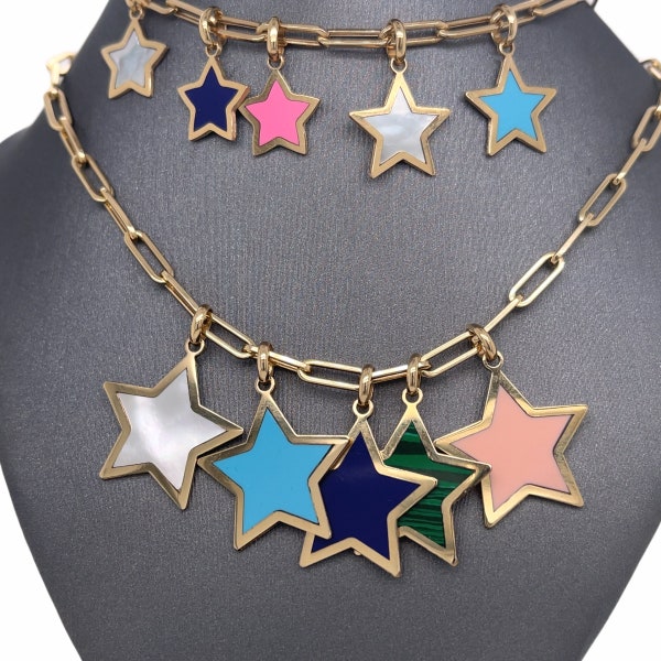 14K Solid Yellow Gold mother of Pearl, malachite, turquoise, onyx, coral, lapis, Stars, Celestial, Star Charm Pendants