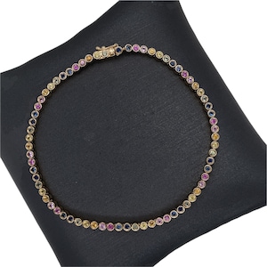 14K Solid Gold Multi Color Gemstone Bracelet, Bezel multi sapphires, rianbow sapphires, tennis bracelet