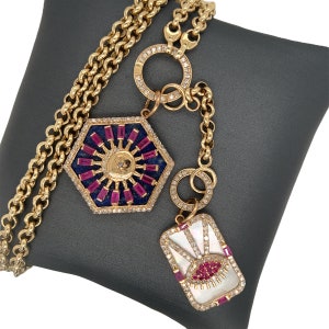 14K Solid Gold, Diamonds,Rubies, Lapis, Mother of Pearl, Rectangle Charm, Evil Eye, Sunburst, Moon, Star, Celestial Charm Medallion Pendants