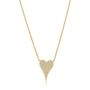 14K Solid Gold, pave set Diamond, elongated Heart Charm Necklace Small Heart