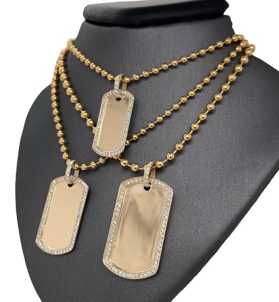 Necklace Diamond Encrusted Dog Tags 14K Solid Yellow Gold