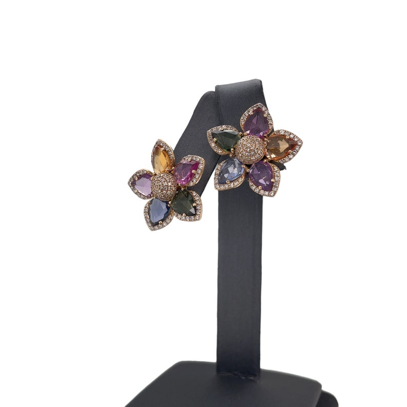 14K Gold, Multi Sapphire, Pave set Diamonds, Flower, Push Back Earrings image 8