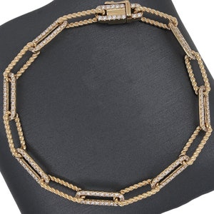 14K Gold, Diamond, Rope textured, paperclip link bracelet