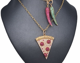 14k Solid Gold, Diamonds, Diamonds, Gemstone, Pizza slice, pizza charm, peppers, hot pepper charm pendants