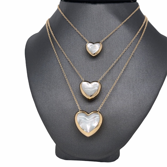 14K Gold Puffed Heart Mother of Pearl Inlay Reversible - Etsy 日本