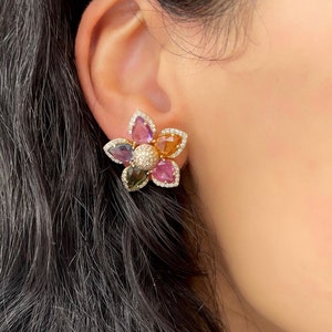 14K Gold, Multi Sapphire, Pave set Diamonds, Flower, Push Back Earrings image 5