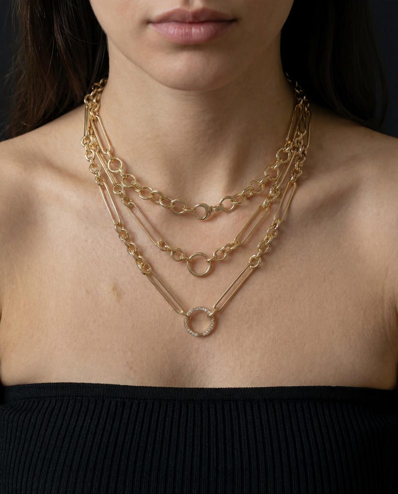 14K Italian Gold Albert Trombone Link Adjustable Circle Ring Lariat Chain Necklace image 1