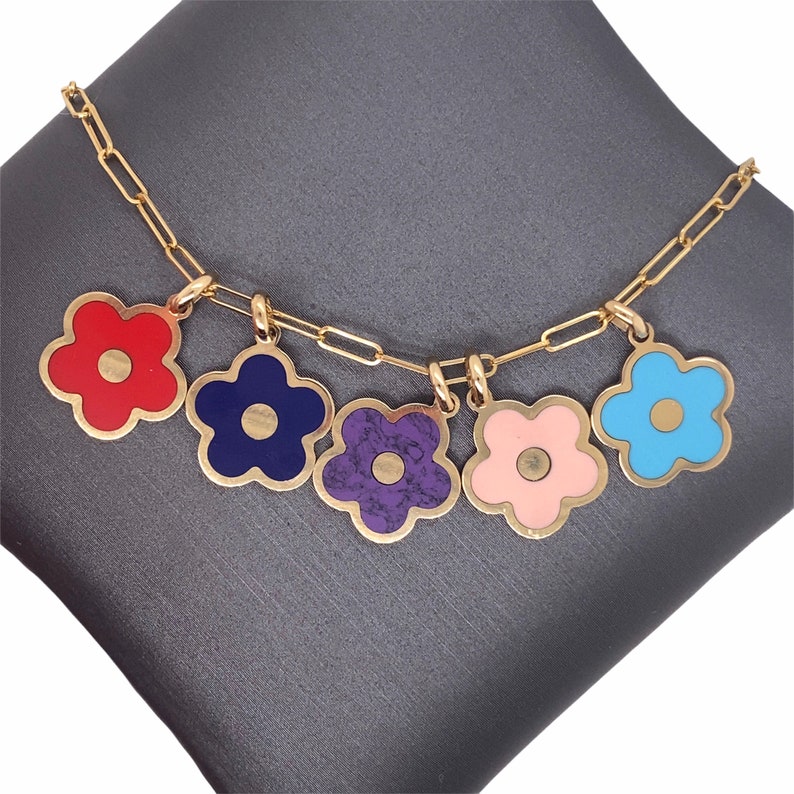 inlay cherry blossom 14K Solid Gold cute flower charm pendants small gemstone coral malachite amethyst turquoise