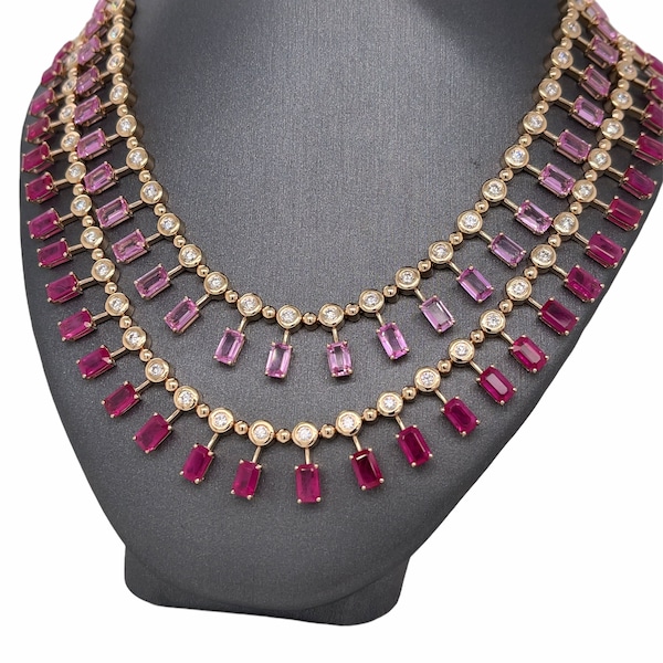 14K Solid Gold, Encased bezel set Rubies, Pink Sapphires, gemstones, dangle choker statement chain necklace