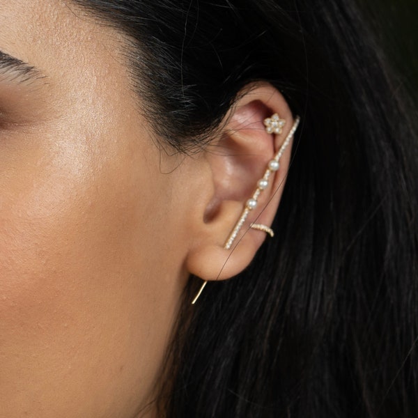 14K Gold Pearl & Diamond Station Pin Earrings