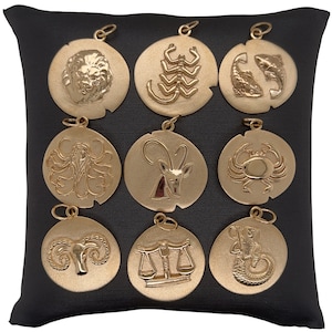 14K Solid Yellow Gold Zodiac Medallion, Handcrafted, Satin & Polished, Satin Texture, Zodiac Symbols, Zodiac Charm Coin Medallion