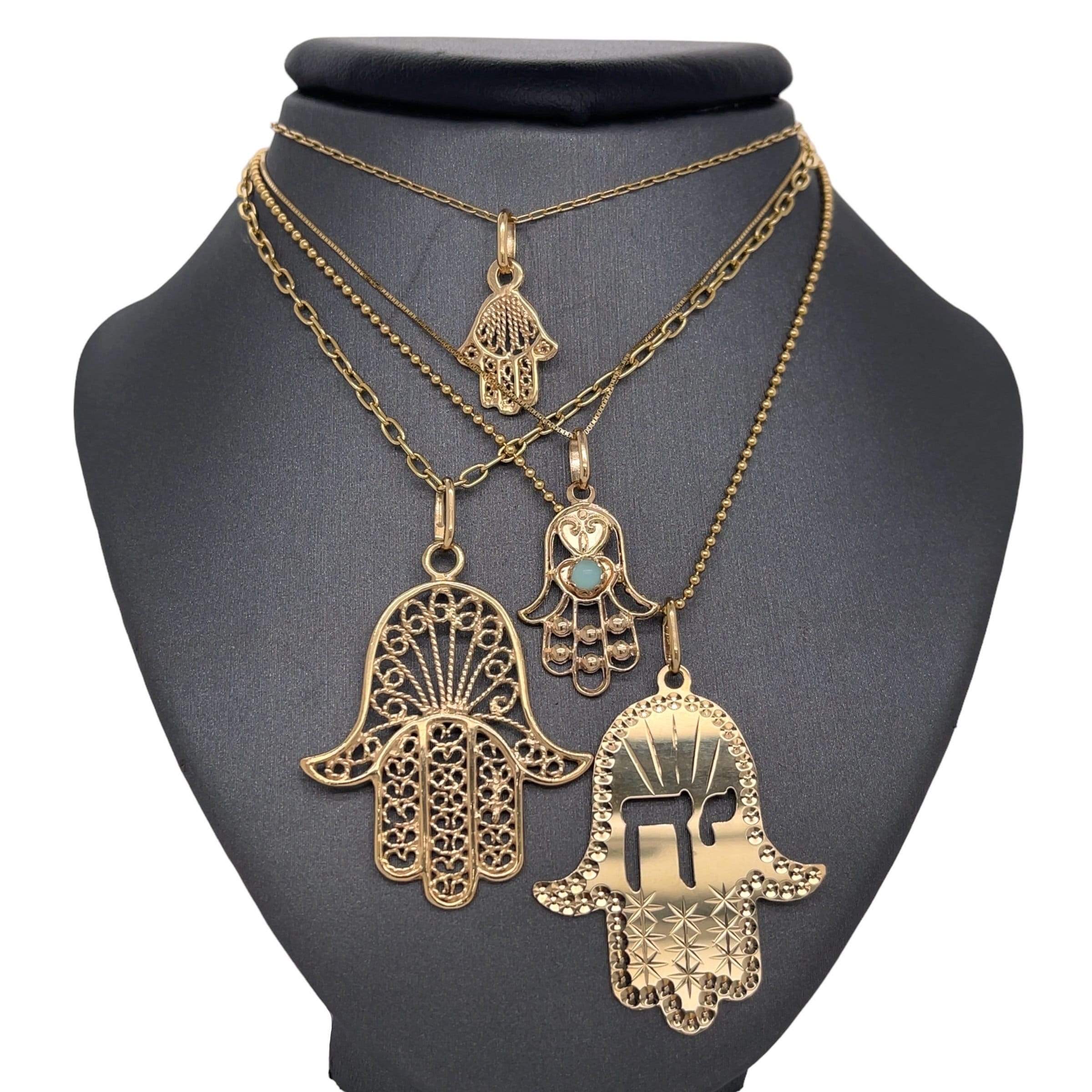 14K Italian Yellow Gold Hamsa Hand Pendant, Hamsa Charm, Hamsa Hand, Diamond Cut Texture, Chai, High Polished Hamsa Hand Charm, Gold Jewelry