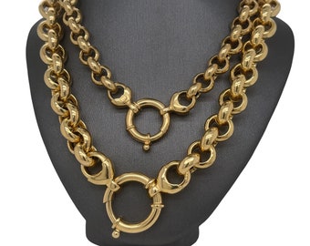 14K Italian Yellow Gold Rolo Belcher Chain, Rolo Chain, Jumbo Rolo Statement Spring Clasp Closure Chain Necklace