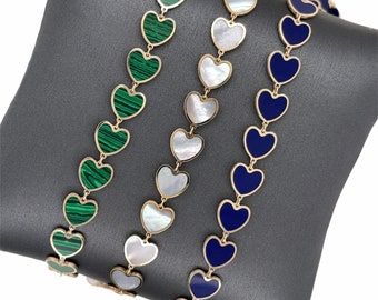 14K Solid Italian Gold, Heart Inlay Gemstone, Mother of Pearl, Lapis, Turquoise, Malachite, Heart Inlay Bracelet