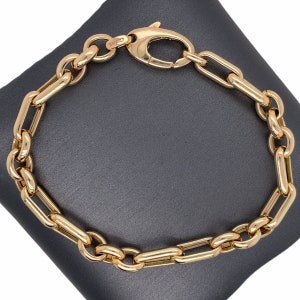 14K Italian gold Oval and Rounded Rectangular Interlocking High Polished link chain Statement Bracelet with Jumbo Lobster Clasp