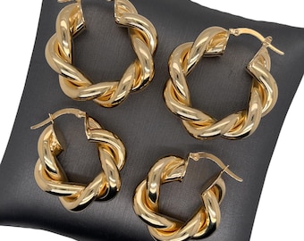 14K Yellow Gold Twisted Braided Hoop Earrings