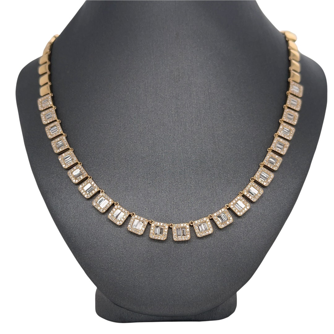 14K Solid Gold, Lionheart Diamond Chain Necklace, Square Layer Baguette