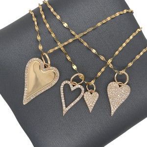 14K Solid Gold, Pave Diamonds, Diamond Heart Charm Pendants