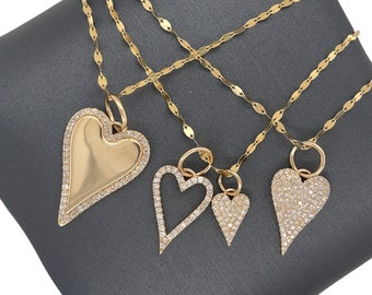 14K Solid Gold, Pave Diamonds, Diamond Heart Charm Pendants