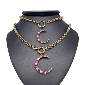 14K Solid Gold Diamonds Ruby Crescent Moon Charm, Prong Setting, Yellow Gold, Diamonds, Ruby, Celestial Crescent Moon Charm Pendant