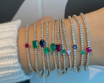 14K Gold, Diamond, Emerald, Ruby, Sapphire, Tennis Bracelet