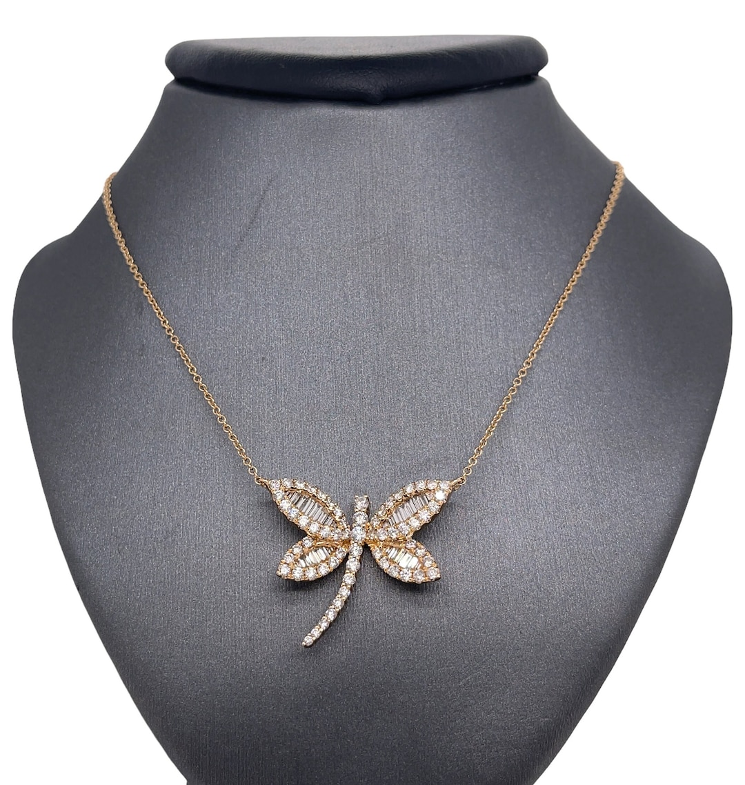 14K Solid Gold Dragonfly Charm Necklace Pave Diamond Set Etsy