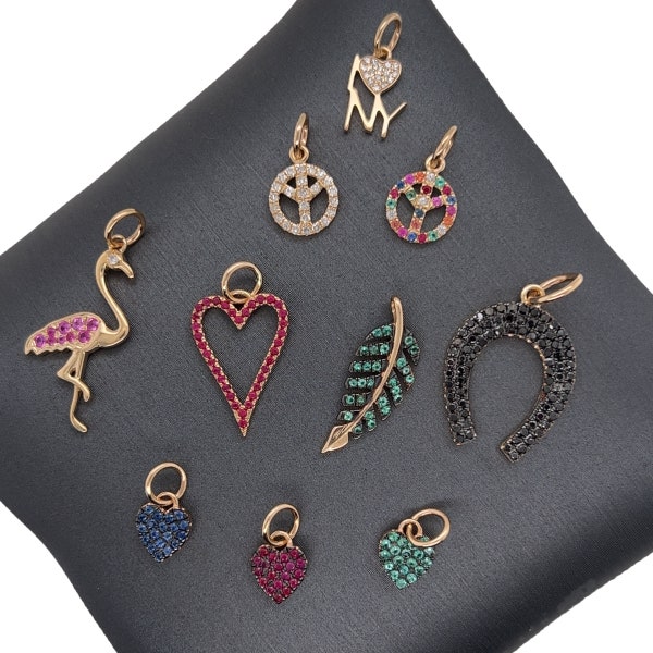 14K Yellow Gold Diamond, Emerald, Sapphire, Ruby or Pink Sapphire Heart, Flamingo, Horseshoe Mini Charm