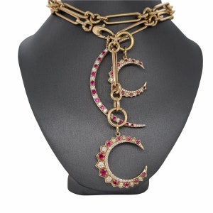 14K Solid Gold, Diamonds, Ruby, Victorian Style Moon, Ruby, Diamonds crescent moon charm pendants