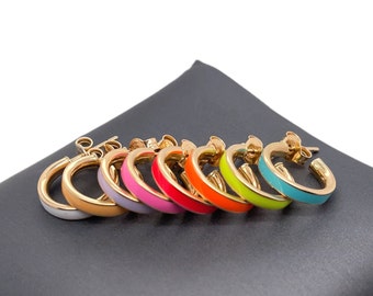 14K Italian Gold Enamel Colorful Hoop Earrings, Enamel Hoops, Colorful Hoops, Funky Hoop Earrings, Enamel Earrings, Gold Jewelry