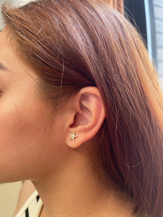 14K Yellow Gold Diamond Star Stud Earrings, Yellow Gold