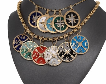 14K Solid Italian Gold, Mother Of Pearl, Turquoise, coral, Lapis, malachite, Nautical Compass Charm Pendants