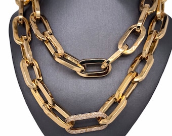 14K Italian Yellow Gold Jumbo Paperclip Statement Necklace Chain