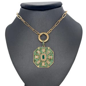 14K Yellow Gold Diamond and Emerald Octagon Pendant, Emerald Pendant, Diamonds, Baguette Diamonds, Diamond Pendant, Gold Jewelry