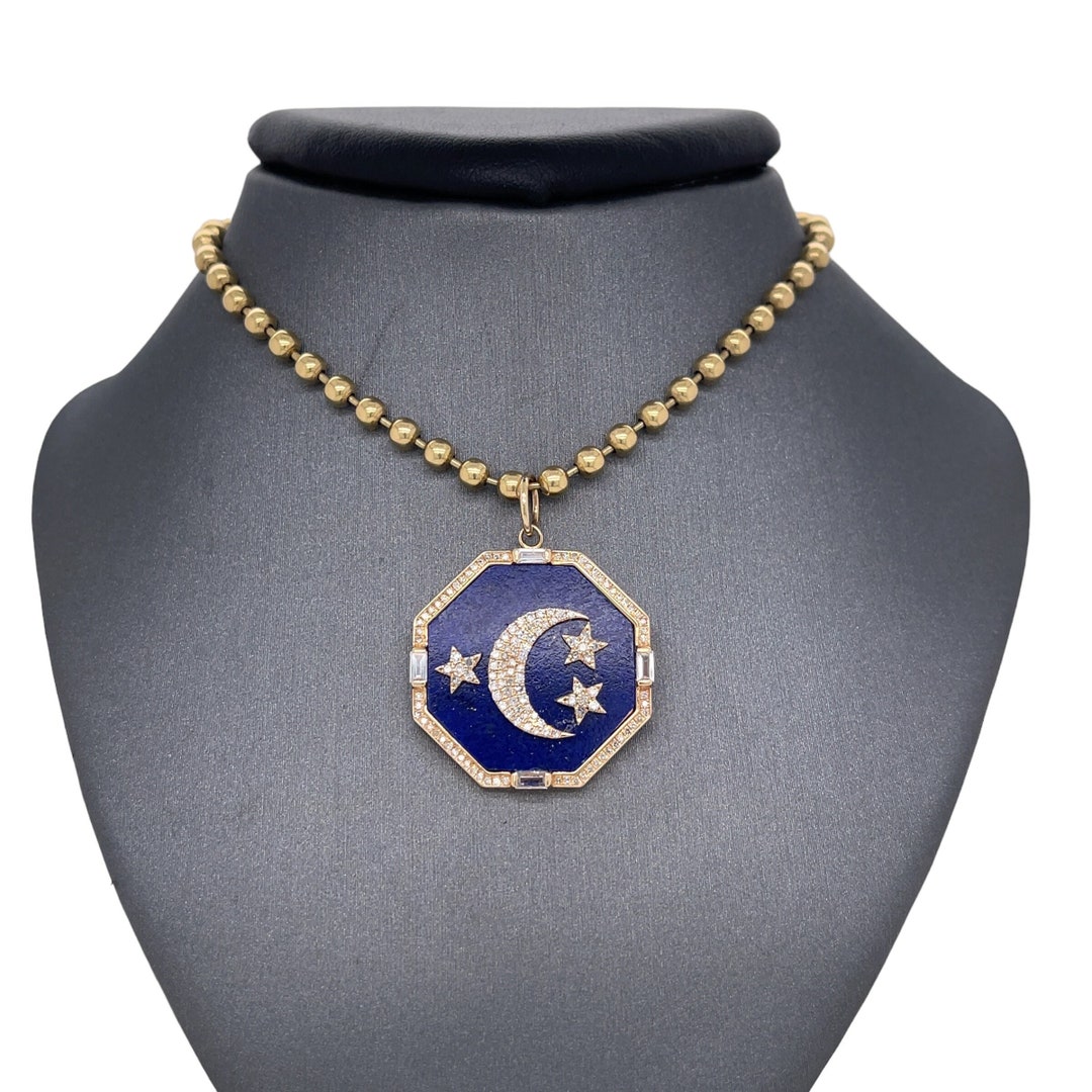 Lionheart™ 14K Solid Gold Diamond Moon Stars Lapis Charm Etsy