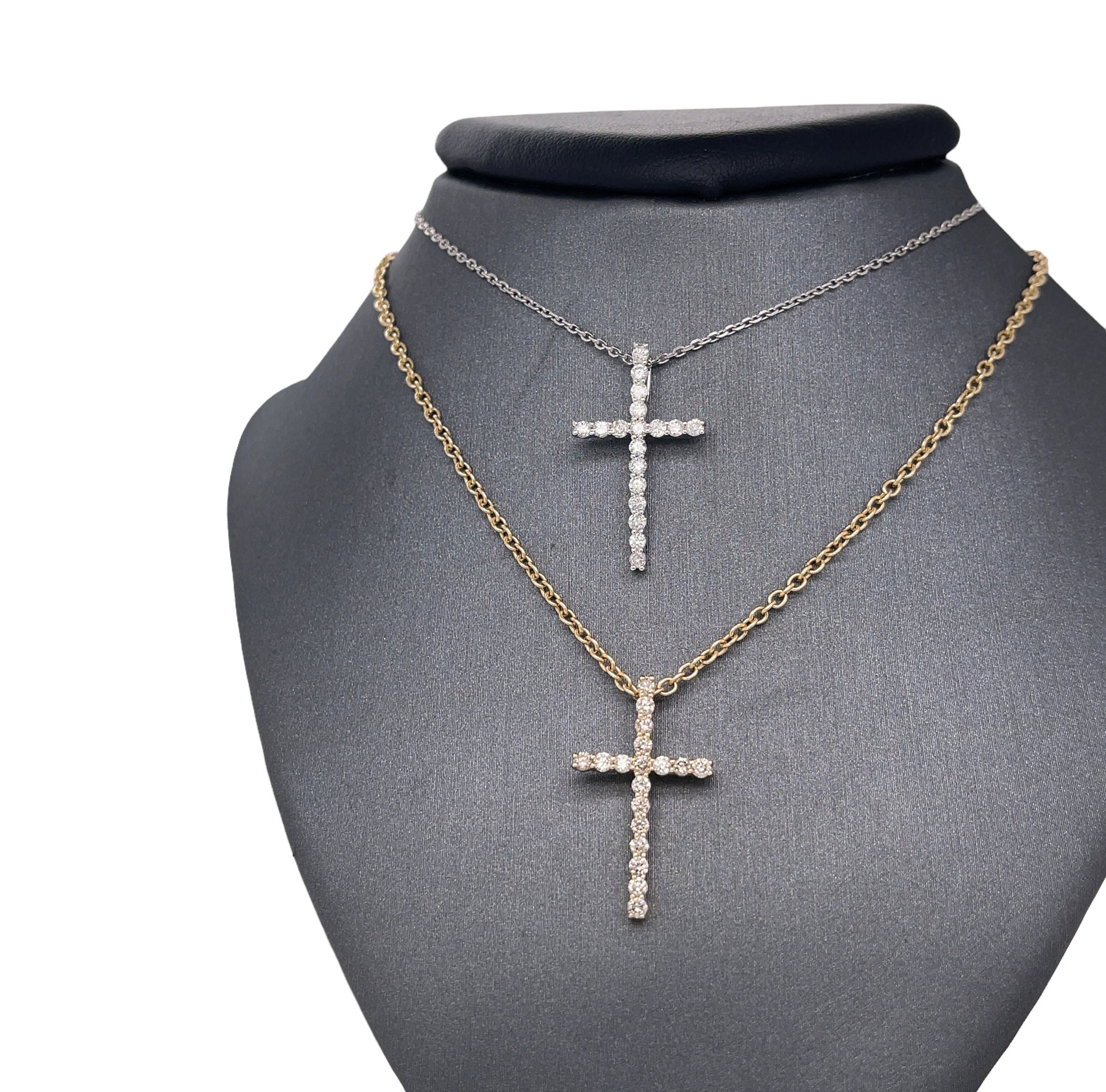 14Kソリッドゴールドダイヤモンドクロスチャームペンダント、イエロー