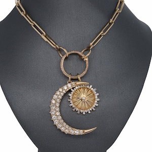 14K Solid Gold, Full Pave Set Diamonds, Beautiful brilliant cut Diamonds large celestial crescent moon charm pendant