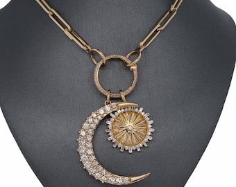 14K Solid Gold, Full Pave Set Diamonds, Beautiful brilliant cut Diamonds large celestial crescent moon charm pendant