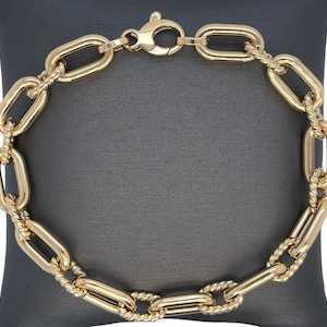 14K Italian Gold Oval Paperclip Link Bracelet, Braided Links, Paperclip chain, Braided textured link Paperclip Bracelet