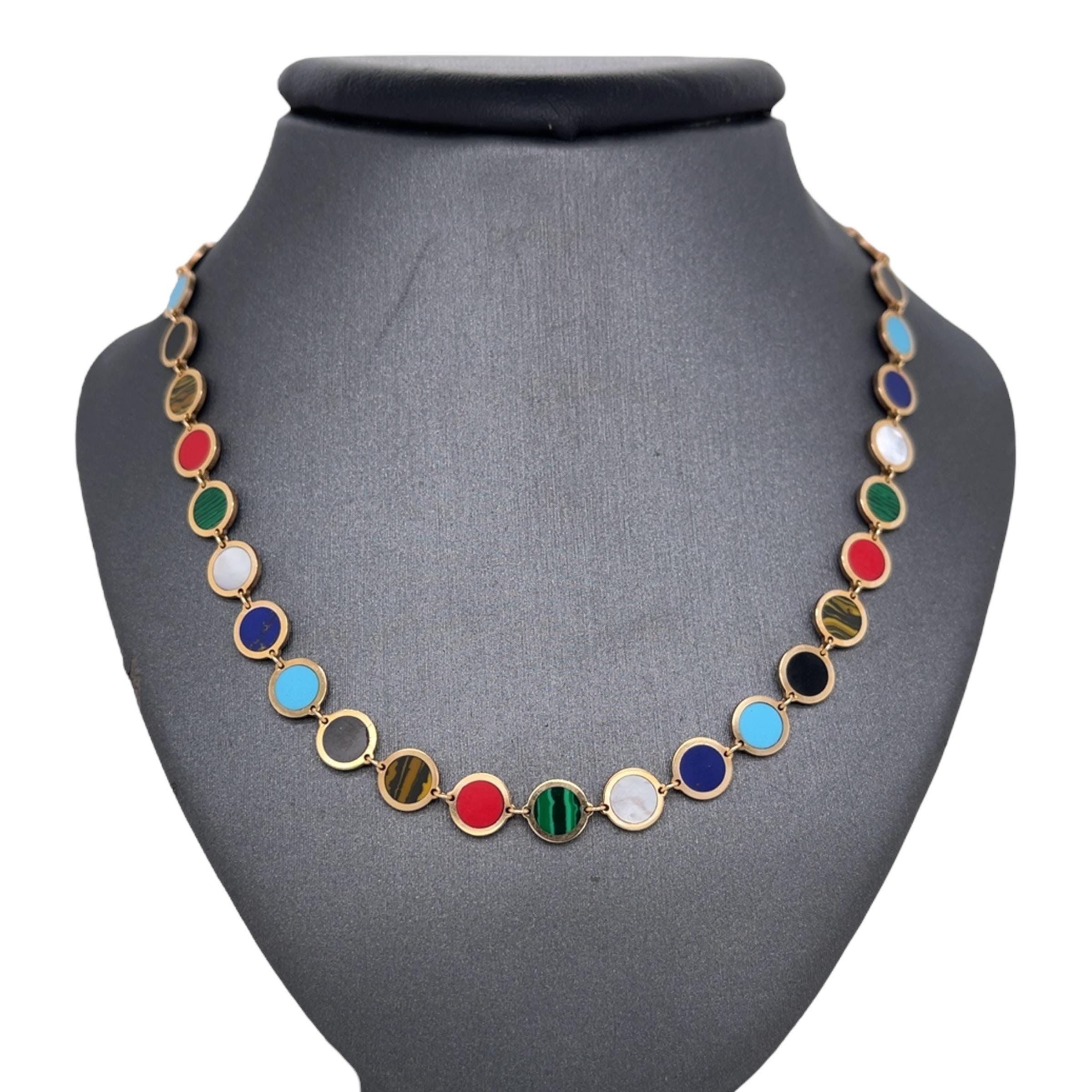 14K Italian Gold Inlay Chain, Rainbow, Onyx, Tigers Eye, Red Coral, Malachite, Mother of Pearl, Lapis, Turquoise, Colorful Chain