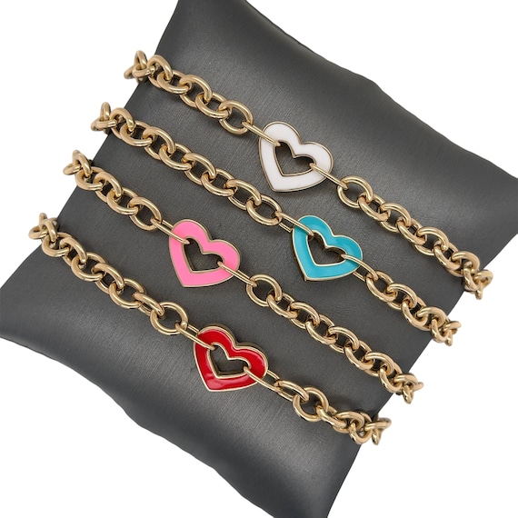 14k Italian Yellow Gold Enamel Heart Circle Link Bracelet Enamel Heart Blue Pink Red White Round Links Heart Charm Bracelet Etsy