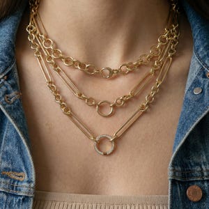 14K Italian Gold Albert Trombone Link Adjustable Circle Ring Lariat Chain Necklace image 2