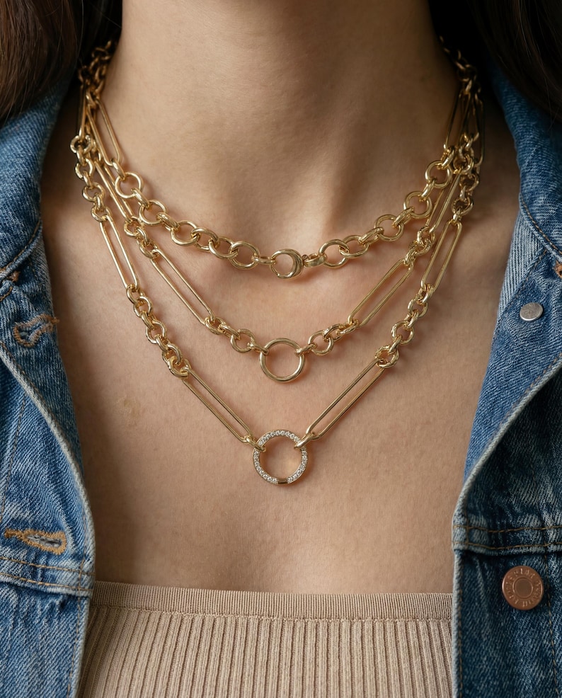14K Italian Gold Albert Trombone Link Adjustable Circle Ring Lariat Chain Necklace image 2