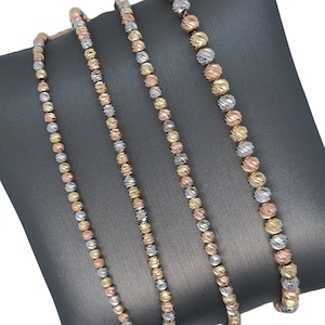 14K Solid Gold, Rose Gold, White Gold, Tri Color Gold Diamond Cut Texture, Shiny Bead Bracelet, Diamond Cut bead Link Chain Bracelet