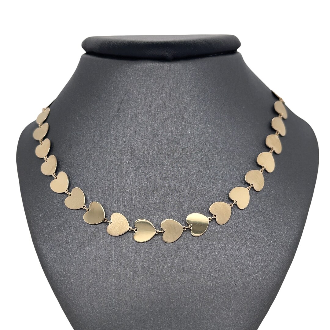 14K Solid Gold Heart Link Chain Satin High Polished Yellow Etsy