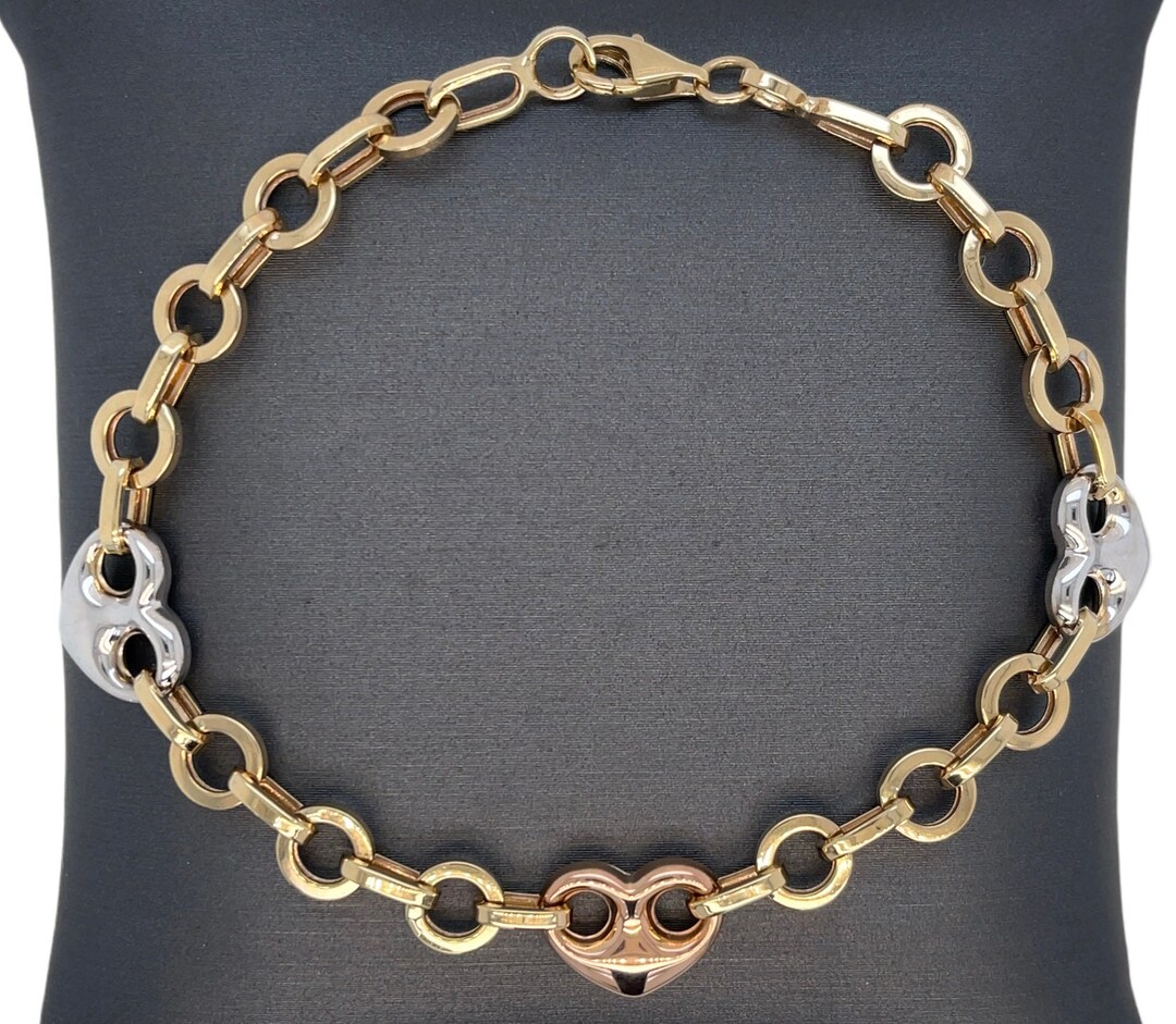 14K Italian Gold Lionheart Puffed Heart Mariner Link Bracelet Etsy