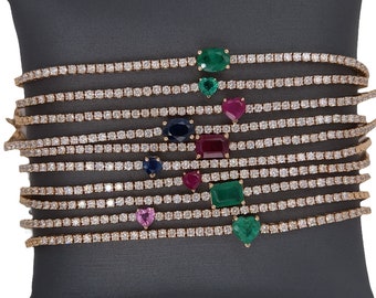 14K Yellow Gold Diamond and Emerald, Ruby, Sapphire or Multi Sapphire Tennis Bracelet